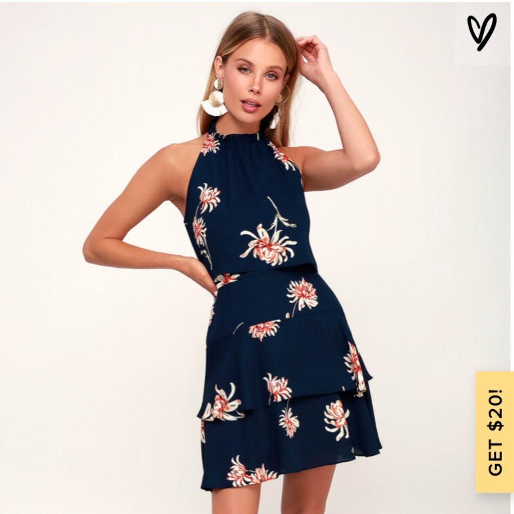 GARDEN VARIETY NAVY BLUE FLORAL PRINT HALTER DRESS